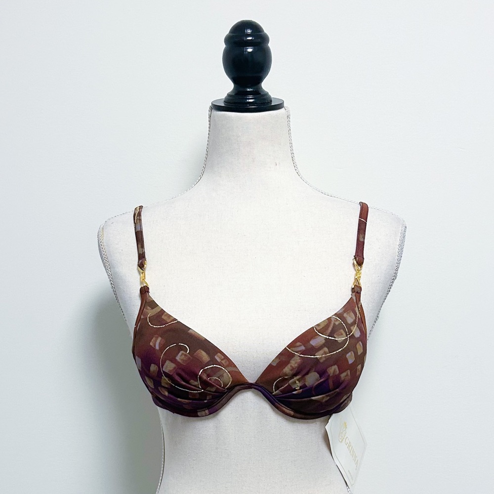 Tara Grinna Brown Purple Metallic Gold Underwire Padded Bikini Top NOS 32A 32AA